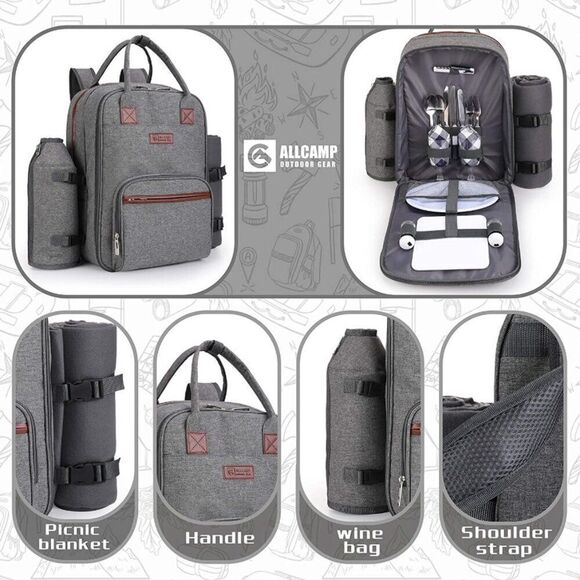 NWT! ALLCAMP Gray Outdoor Picnic Backpack for 2 People - Picture 10 of 10